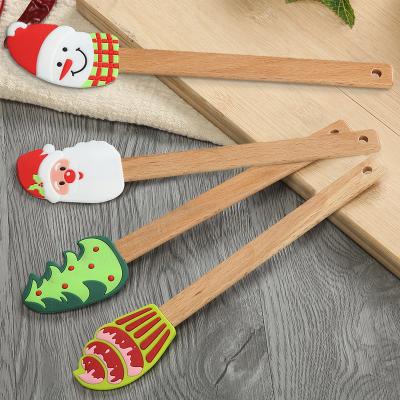 China 4PCS Wooden Silicone Spatula Handle Set Wooden Cake Decorating Snowman Baking Christmas Tree and Santa Claus Pattern for Christmas Gift for sale