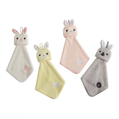 China Viable Factory Bathroom Wholesale Coral Fleece Cute Rabbit Embroidered Household Cleaning Small Hand Towel for sale