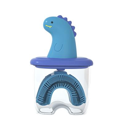 China Hot wholesale ABS U-shape manual food dinosaur kids dinosaur manual silicone toothbrush with dust cover for sale