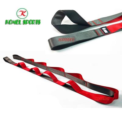 China No Elastic Yoga Stretch Strap with 12 Manipulation Loops and Neoprene Padded Handle / Red Shiny Nylon Strap for sale