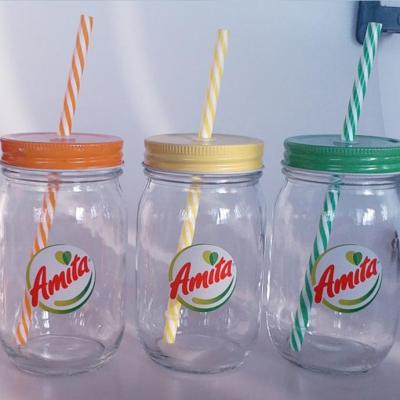 China 450ml Round Glass Mason Jar Heatable With Screw Lid And Straw for sale