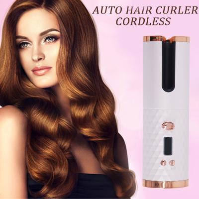 China Plastic Unbound Cordless Auto Rotating Hair Curler USB Curling Iron USB Ceramic Rechargeable LED Display Temperature Wave Automatic Hair Curler for sale