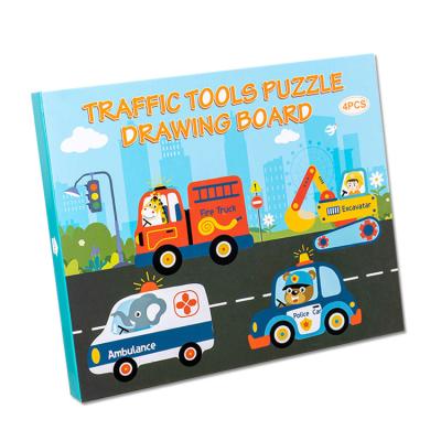 China Montessori Cartoon Toy 2023 3D Wooden Multifunctional 2 in 1 Traffic Tools Puzzle Educational Drawing Board Toys for Children for sale