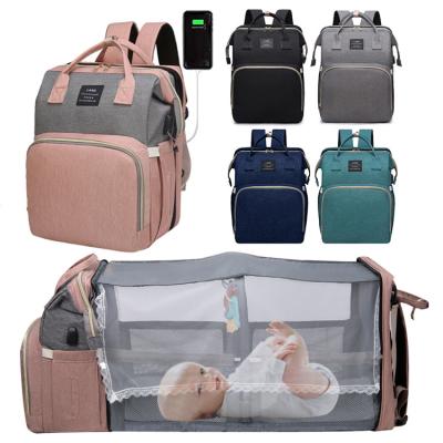 China With USB Mosquito Net Customized Foldable Baby Backpack Mum Diaper Bag Backpack Multifunctional Waterproof Bed With Changing Station for sale