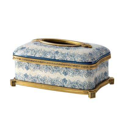 China Disposable luxury antique blue and white china tissue box toilet paper case brass paint dispenser for home decoration for sale