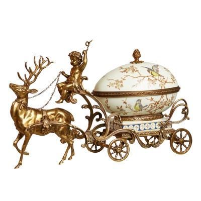 China Disposable Antique Home Decoration Porcelain Candy Tray/Dish With Brass Deer Jinricksha Luxury French Ceramic Craft And Art Fruit Bowl for sale