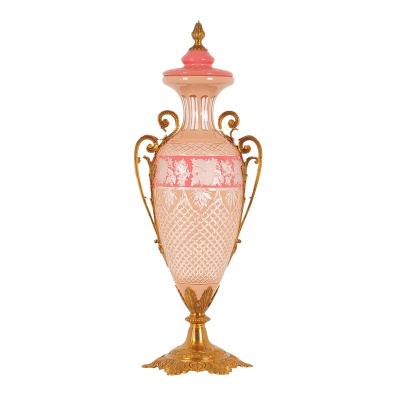 China Art Deco Pieces The Pink Glass with Gold Colored Brass with Design Bowl Vase with Lid for Living Room Decoration Home Ornament for sale