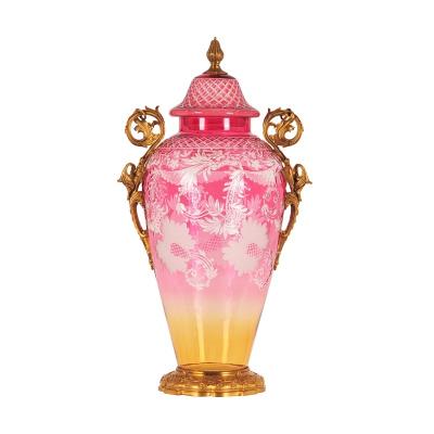 China Pieces of Art Deco The Pink Glass with Gold Colored Brass with Design Vase with Lip for Living Room Home Decoration for sale