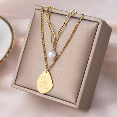 China TONGLING TRENDY Pendant Necklace Stainless Steel Woman Bead Necklace Letter Charms Two Tone Bar Necklaces for sale