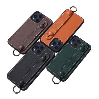 China Factory Wholesale Low MOQ Handy Stand Strap Customized Handy Strap Genuine Leather Back Cover Phone Case For iphone X XR XS 11 12 pro Max for sale