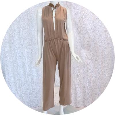 China Jina Hot Sale Spring Sleeveless Women Breathable Loose Knitted Pocketed Overalls With Tie Fashion Office Brown Rompers for sale