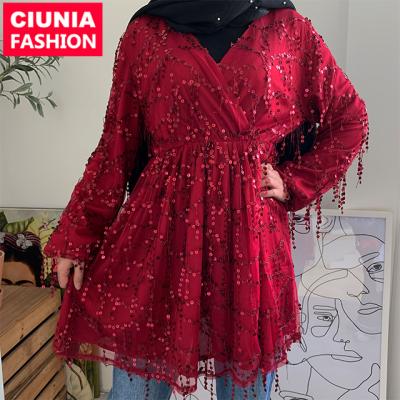 China 2243#new design fashion long sheath muslim luxurious sequin and tassels top S M L XL 2XL 3XL for sale