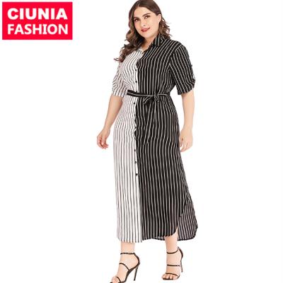 China 5085# Women's Stripes Printed Plus Size Shirt Dresses Boutique Office Casual Midi Dress For Lady Female XL-5XL/Customized for sale