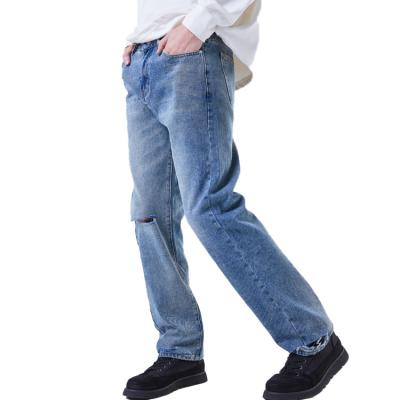 China Breathable Custom Distressed Loose Straight Denim Jeans Boys Wash Denim Pants Blue Jeans For Men for sale