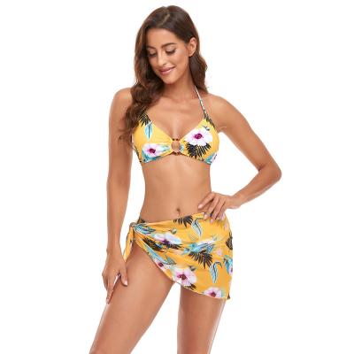 China ZUOHE Hot Sale Antibacterial Floral Print O Ring Swimwear For Women Halter Tie Up Sexy V-Neckline Backless 3 Piece Swimsuit With Mesh Cover Up for sale