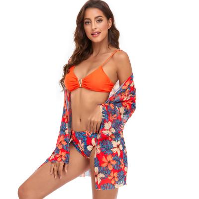 China ZUOHE Solid V Neck Show Skin Ribbed Plus Size Swimwear Floral Print Long Sleeve Strappy 3 Piece Swimsuit Sexy Beach Cover Ups for sale