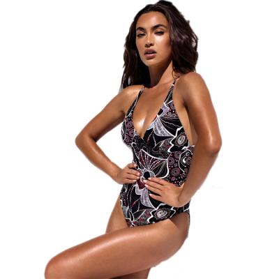 China Wholesale New Design Fashion One Piece Plus Size Deep V Neckline Black Printed Backless Swimwear Plus Size Swimwear for sale