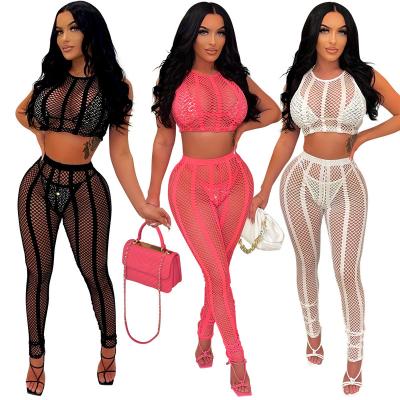 China 2022 Summer Women's New Sexy Mesh QUICK DRY Net Bra Hollow Two Piece Set Club See Crop Top Long Pants 4 Piece Set for sale