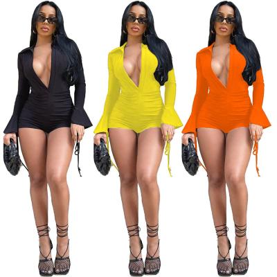 China 2022 QUICK DRY spring flared modern sexy deep v drawstring lady's long sleeve shorts one piece jumpsuits overalls for sale