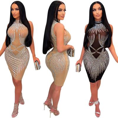 China Gold Round Neck Bodycon Club Party Club Prom Sleeveless Sexy Dress Anti-Static Luxury Diamonds Wings Angel Summer Women Mini Dress for sale