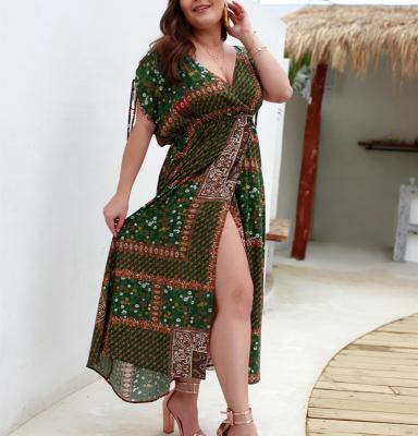 China Plus Size 2020 Plus Size XL-5XL Summer Bohemian Dress With Short Sleeves Women's Casual Lace Up Long Dresses [E2T] for sale