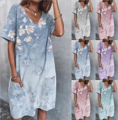 China Viable Low Price Plus Size S-5XL Orchid Flower Print Sleeve Mini Dress Loose Short Pockets Knee Length Summer Women Daily Casual Dress for sale