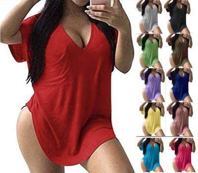 China Summer Sexy Loose Deep V Neckline Ladies Sexy Split T-Shirts Long Plus Size 3XL Solid Color Women Tops Clothing for sale