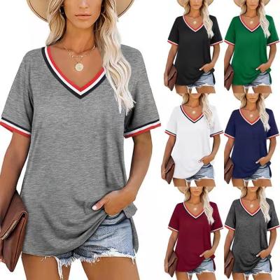 China Viable Designer Short Sleeve Strips Wholesales Preppy Style T Shirts Women Summer V-Neck Sports Cotton Long Stitches Tops for sale