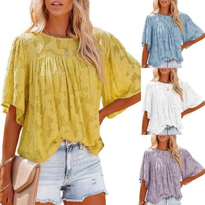 China 2022 Summer Spring New Lady Casual Korea Style Lace Blouse Women's Short Sleeve Chiffon Top Jacquard Anti-Shrink Soft Flare for sale