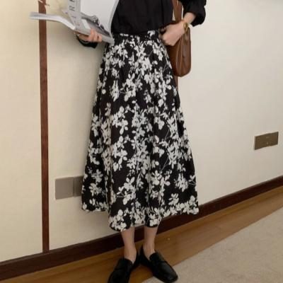 China Summer floral skirt black and white print girls ladies women's long skirt dress high waist breathable elastic cotton flower for sale