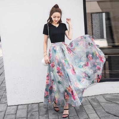 China Women's Floral Skirt Chiffon Floral Print Skirt High Waist Stretchy Fairy Skirt Long Maxi Girls Flower A Line Breathable Floral Print Skirt for sale