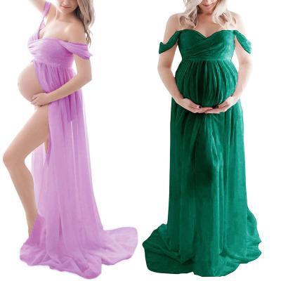 China Anti-Allergy 10 Colors Belly Show Chiffon Split Mesh Long Dress Pregnant Women Photoshoot Photography Floor Maternity Dress for sale