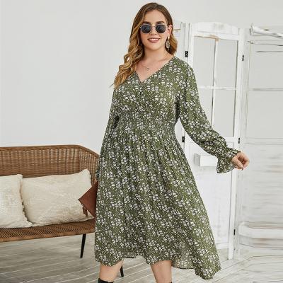 China Women's Plus Size XL Casual Dress Maternity Women Plus Size E2T A Line Midi Dresses V-Neckline Floral Printing for sale