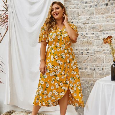 China Wholesale Plus Size XL-4XL Women's Fashion Beachwear Irregular Edge Floral Printing Bohemian Dresses [E2T] for sale