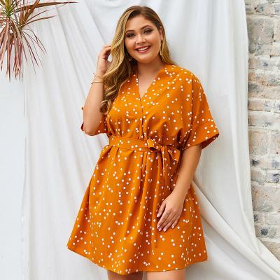 China Hot Selling Plus Size Women's Polka Dot Printing Plus Size Leisure Dress Fashion V Neck Short Dresses [E2T] for sale