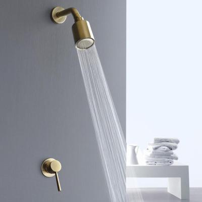 China Without Slide Bar Wall Mount Rainfall Shower Head Faucet Bathroom Brushed Gold Copper Bath Faucet Set for sale