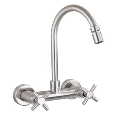 China Thermostatic Faucets Double Handles Two Hole Brushed Nickel Stainless Steel Kitchen Sink Kitchen Sink Faucet Wall Mounted Hot Cold Mixer for sale