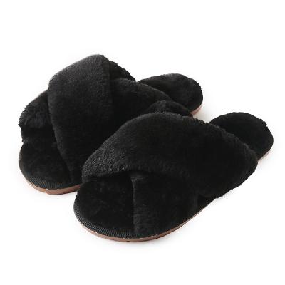 China 2022 Fashion Trend New Home Plush Female Open Toe Hot Selling Slippers Black Fur Slippers Outdoor High Quality Warm Slides Slippers for sale