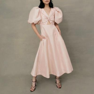 China 2022 Washable SS Puff High Waist Long Sleeve A Line Dresses For Women V Neck Solid Color Casual Dresses for sale