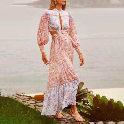 China Washable Rose Floral Print Vacation Beach Hollow Waist Maxi Dresses For Women High Waist for sale