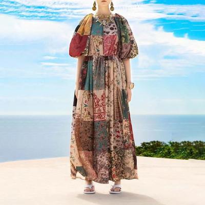 China Washable Ethnic Style Vintage Print O-Neck Breath Sleeve Long Loose Dresses For Women for sale