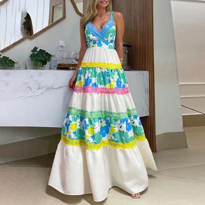 China Color Washable Patchwork Contrast Elegant Maxi Dresses High Waist A Line Dress Long for sale