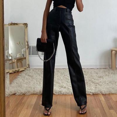 China High Waist Office Lady Slim Vintage Leisure Women Faux Leather Trousers Anti-Static Straight Trousers Pockets for sale