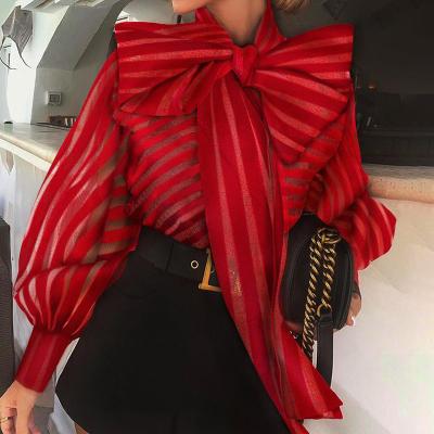 China Anti-pilling new style bow tie collar lantern sleeve blouse for women striped print casual shirt for sale