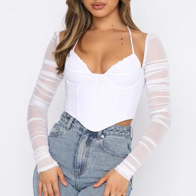 China Sexy Mesh Sheer Pleat Anti-Pilling Shirt Women Long Sleeve T-Shirt Lace Up Top for sale