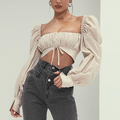 China Solid Color Square Neck Flare Sleeve Anti-pilling Crop Tops For Women Lace Up Blouse for sale