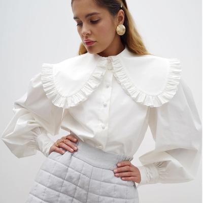 China Anti-pilling Soft White Ruffles Collar Long Sleeve Shirt For Women Spring Casual Blouse for sale