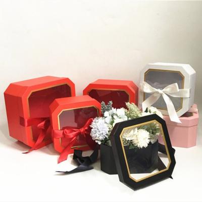 China Recyclable Octagonal Transparent Panoramic Window PVC Flower Box Bronzed Ribbon Bow For Wedding Partner Cute Hand Girl Gift Box for sale