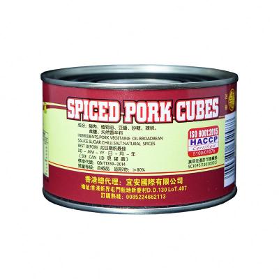 China Factory Canned Wholesale Food Cans Canned Meat 380g Round Tin Can Spicy Pork Cubes for sale