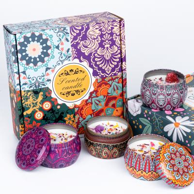 China Amazon Hot Sale Soy Wax Scented Candle Set Vintage Tin Cans 4 Flower Aromatherapy Candles for sale